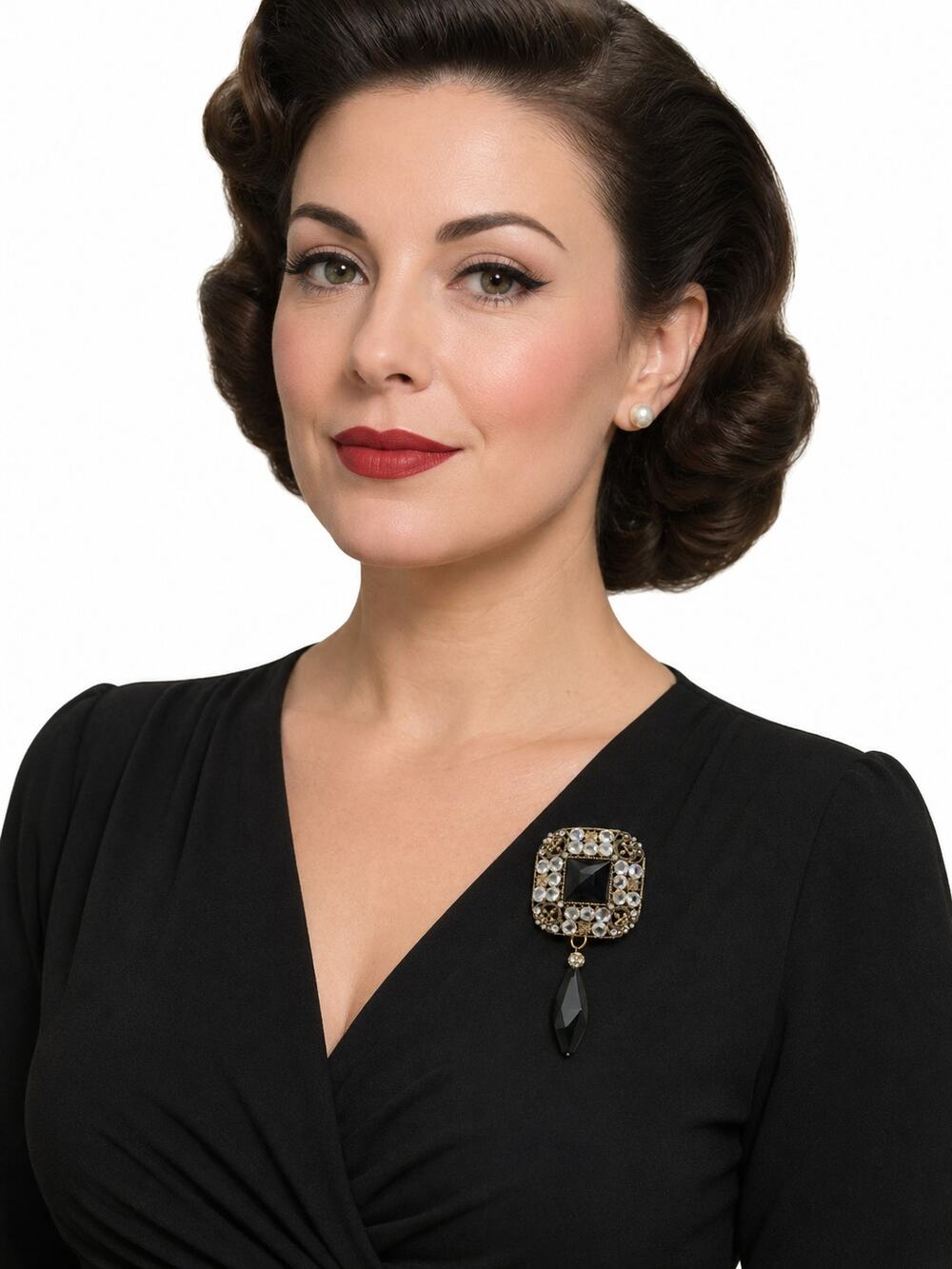 Vintage 1950s Brooch Black Glass Rhinestone Dangle Brass Tone Statement
